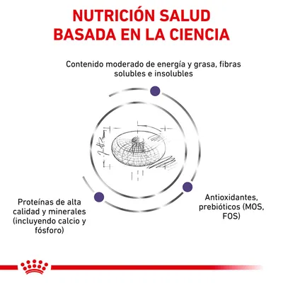 Nutrición salud basada en la ciencia: contenido moderado de energía y grasa, fibras solubles e insolubles, proteínas de alta calidad y minerales, antioxidantes y prebióticos (MOS, FOS).