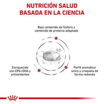 NUTRICIÓN SALUD BASADA EN LA CIENCIA. Bajo contenido de fósforo y proteína adaptado. Enriquecido con EPA+DHA y antioxidantes. Perfil aromático único y croqueta de forma redonda.