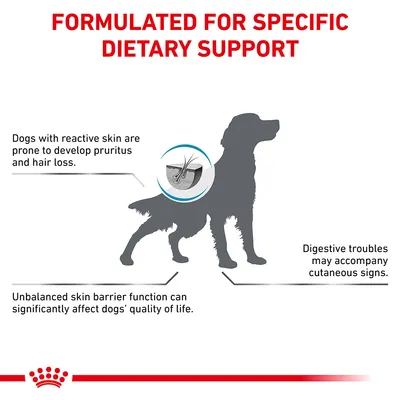 Formulated for specific dietary support. Dogs with reactive skin may develop pruritus, hair loss, digestive troubles, and reduced quality of life due to unbalanced skin barrier function.