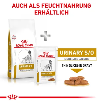 Royal Canin Urinary S/O Moderate Calorie, erhältlich als Trocken- und Feuchtnahrung. Feuchtnahrung: dünne Scheiben in Sosse.