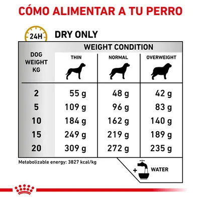 Tabla de raciones diarias de pienso seco para perros según peso (2–20 kg) y condición corporal: delgado, normal o sobrepeso. Energía metabolizable: 3827 kcal/kg. Añadir agua.