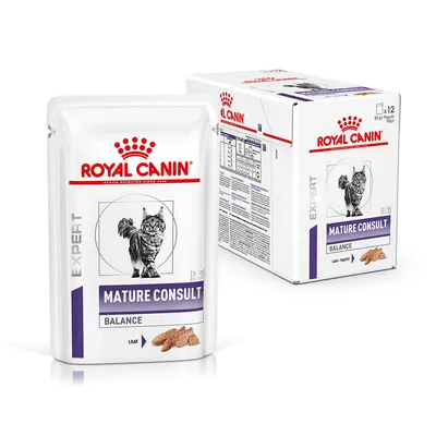 ROYAL CANIN EXPERT Mature Consult Balance Loaf, saszetka 85 g i opakowanie zbiorcze 12 sztuk. Widoczny wizerunek kota oraz tekst na opakowaniu.