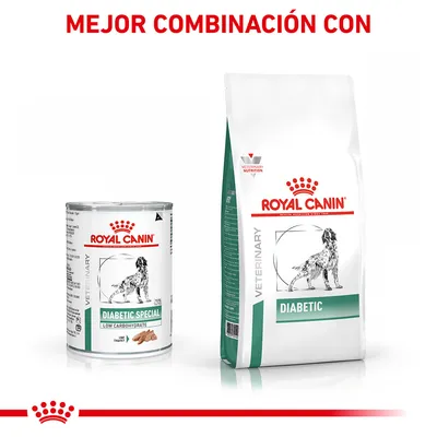 Royal Canin Diabetic Special Low Carbohydrate lata y Royal Canin Diabetic saco. Texto: Mejor combinación con. Imagen de perro en ambos envases.