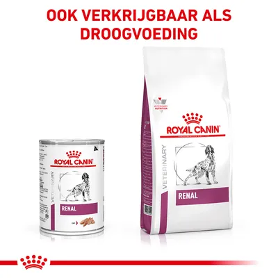 Royal Canin Renal natvoer blik en droogvoer zak voor honden. Tekst: Ook verkrijgbaar als droogvoeding.