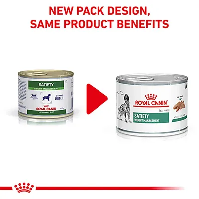 Image shows a change from old to new packaging for Royal Canin Satiety Weight Management, with text stating 'New pack design, same product benefits'.