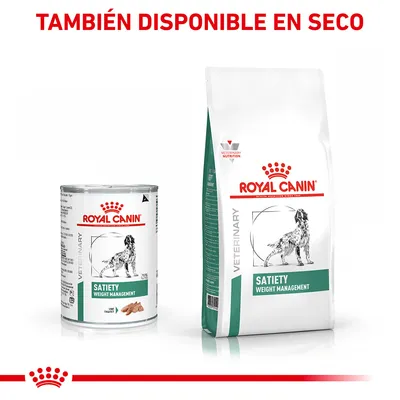 Royal Canin Satiety Weight Management para perros, lata y saco. Texto visible: 'TAMBIÉN DISPONIBLE EN SECO'. Etiqueta verde con nombre del producto en ambos envases.