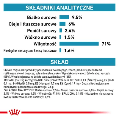 Składniki analityczne: białko surowe 9,5 %, tłuszcze 6 %, popiół 2,4 %, włókno 1,5 %, wilgotność 71 %, niezbędne nienasycone kwasy tłuszczowe 1,6 %. Widoczny pełny skład produktu.