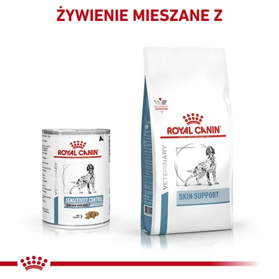 Royal Canin Sensitivity Control Chicken with Rice puszka oraz Royal Canin Skin Support worek. Widoczny napis: ŻYWIENIE MIESZANE Z. Opakowania z ilustracją psa.