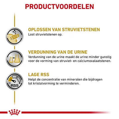 Productvoordelen: oplossen van struvietstenen, verdunning van de urine vermindert steenvorming, lage RSS helpt kristalvorming te verminderen. Alle tekst in het Nederlands.