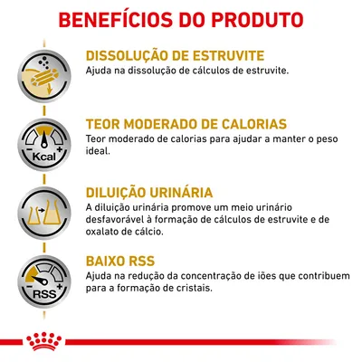 Benefícios do produto: dissolução de estruvite, teor moderado de calorias, diluição urinária e baixo RSS. Texto explicativo para cada benefício visível na imagem.