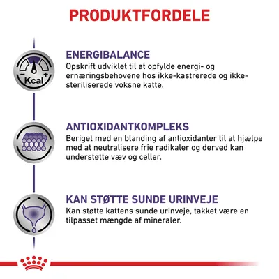 PRODUKTFORDELE: ENERGIBALANCE – opskrift til voksne katte, ANTIOXIDANTKOMPLEKS – blanding af antioxidanter, KAN STØTTE SUNDE URINVEJE – tilpasset mængde mineraler.
