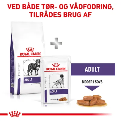 Royal Canin Expert Adult tør- og vådfoder til store hunde. Tekst: Ved både tør- og vådfodring, tilrådes brug af. Bidder i sovs vises på billedet.