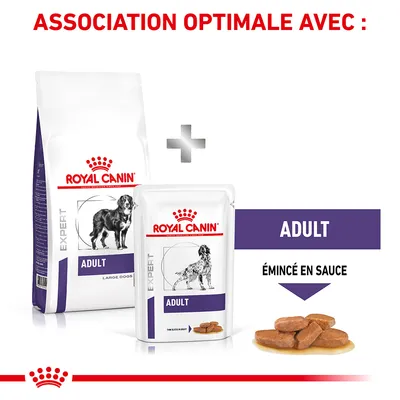 Royal Canin Expert Adult pour grands chiens, croquettes et sachet émincé en sauce. Texte visible : ASSOCIATION OPTIMALE AVEC : ADULT ÉMINCÉ EN SAUCE.