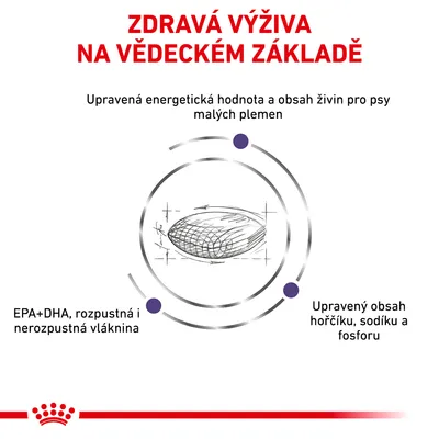 ZDRAVÁ VÝŽIVA NA VĚDECKÉM ZÁKLADĚ, upravená energetická hodnota a živiny pro psy malých plemen, EPA+DHA, vláknina, upravený obsah hořčíku, sodíku a fosforu.