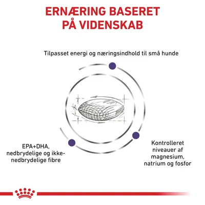 Ernæring baseret på videnskab. Tilpasset energi og næringsindhold til små hunde. EPA+DHA, nedbrydelige og ikke-nedbrydelige fibre. Kontrolleret niveauer af magnesium, natrium og fosfor.