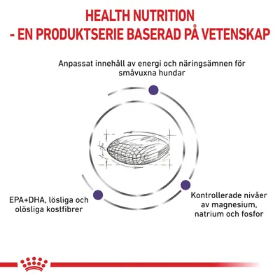 HEALTH NUTRITION – EN PRODUKTSERIE BASERAD PÅ VETENSKAP. Anpassat innehåll av energi och näringsämnen för småvuxna hundar. EPA+DHA, lösliga och olösliga kostfibrer. Kontrollerade nivåer av magnesium, natrium och fosfor.