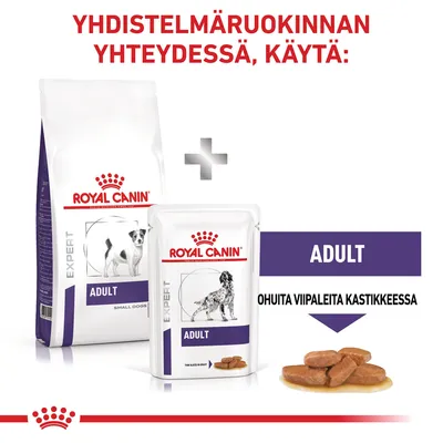 Royal Canin Expert Adult -kuivaruoka ja märkäruokapussi, teksti: Yhdistelmäruokinnan yhteydessä, käytä: ADULT ohuita viipaleita kastikkeessa. Kuvassa myös ruoka-annos.