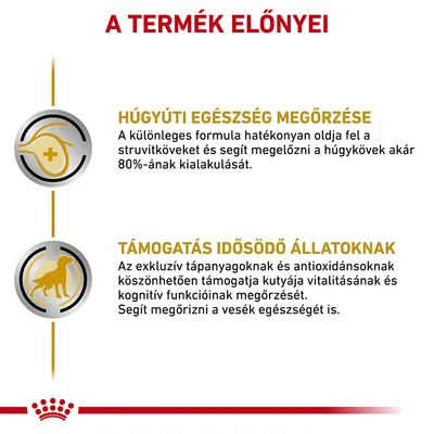 A TERMÉK ELŐNYEI: HÚGYÚTI EGÉSZSÉG MEGŐRZÉSE, TÁMOGATÁS IDŐSÖDŐ ÁLLATOKNAK. Leírás a struvitkövek megelőzéséről és a kutyák vitalitásának, vesék egészségének támogatásáról.