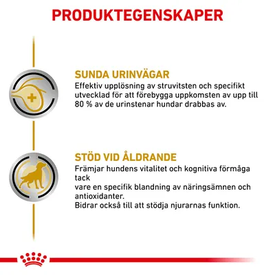 PRODUKTEGENSKAPER: SUNDA URINVÄGAR – effektiv upplösning av struvitsten, förebygger uppkomst av upp till 80 % urinstenar. STÖD VID ÅLDRANDE – främjar vitalitet och kognitiv förmåga hos hund.