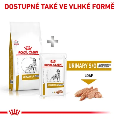ROYAL CANIN URINARY S/O AGEING 7+ suché a vlhké krmivo, LOAF, dostupné také ve vlhké formě. Na obalech vyobrazen pes.