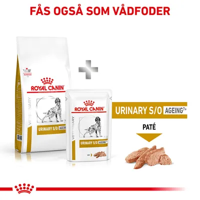 Royal Canin Urinary S/O Ageing 7+ tør- og vådfoder til hund, paté. Tekst: Fås også som vådfoder, URINARY S/O AGEING 7+, PATÉ.