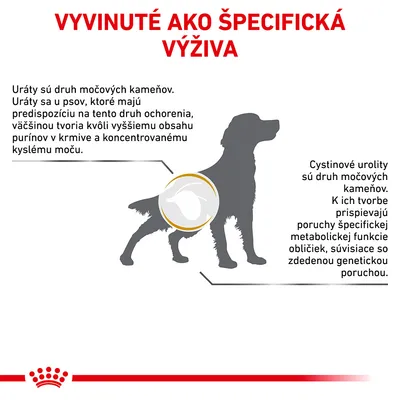 Vyvinuté ako špecifická výživa. Informácie o urátoch a cystinových urolitoch u psov, príčinách ich vzniku a súvisiacich metabolických poruchách obličiek.