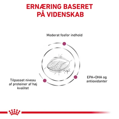 ERNÆRING BASERET PÅ VIDENSKAB. Moderat fosfor indhold. Tilpasset niveau af proteiner af høj kvalitet. EPA+DHA og antioxidanter.