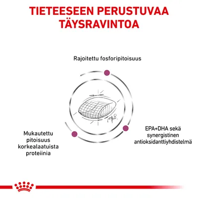 Tieteeseen perustuva täysravinto. Rajoitettu fosforipitoisuus, mukautettu pitoisuus korkealaatuista proteiinia, EPA+DHA ja synergistinen antioksidanttiyhdistelmä.