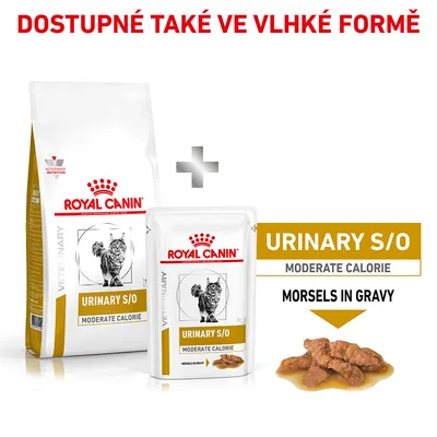 Royal Canin Urinary S/O Moderate Calorie pre mačky, suché a vlhké krmivo. Text: Dostupné také ve vlhké formě, Morsels in Gravy.