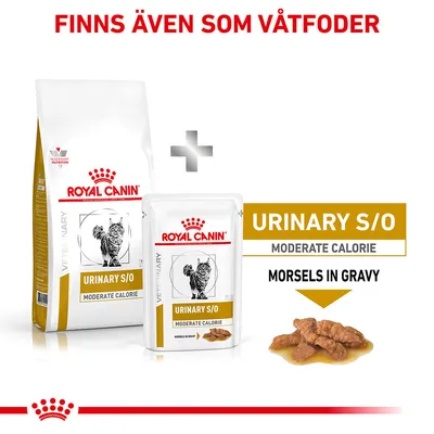 Royal Canin Urinary S/O Moderate Calorie torr- och våtfoder för katt. Text: Finns även som våtfoder, Morsels in gravy. Bild på foderbitar i sås.