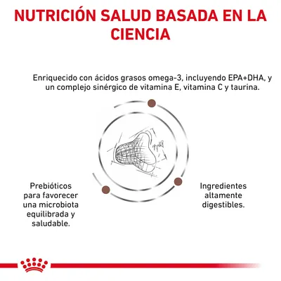 NUTRICIÓN SALUD BASADA EN LA CIENCIA. Enriquecido con ácidos grasos omega-3, EPA+DHA, vitamina E, C y taurina. Prebióticos para microbiota equilibrada. Ingredientes altamente digestibles.