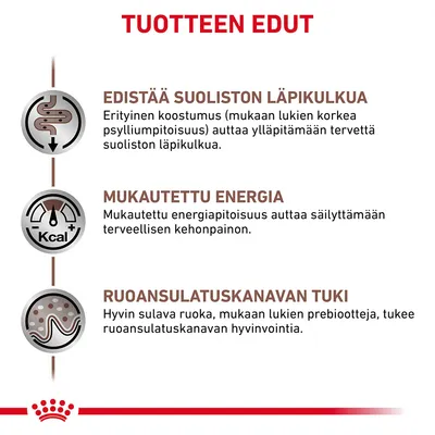 TUOTTEEN EDUT: Edistää suoliston läpikulkua, mukautettu energia, ruoansulatuskanavan tuki. Tekstit ja symbolit kuvaavat tuotteen hyötyjä lemmikin terveydelle.