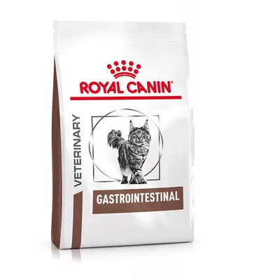 Saco de pienso para gatos Royal Canin Veterinary Gastrointestinal. Imagen de un gato en el envase, texto visible: GASTROINTESTINAL y VETERINARY.
