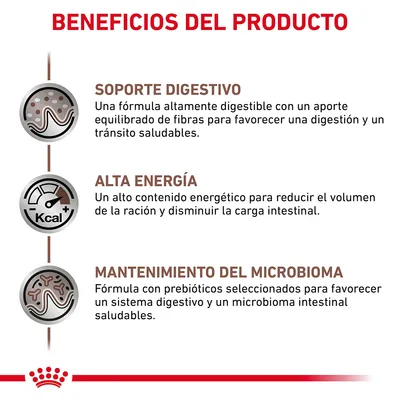 Beneficios del producto: soporte digestivo, alta energía y mantenimiento del microbioma. Textos explicativos sobre digestión, energía y prebióticos visibles en la imagen.