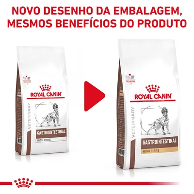 Novo desenho da embalagem, mesmos benefícios do produto. Duas embalagens Royal Canin Gastrointestinal High Fibre para cão, antes e depois da alteração visual.