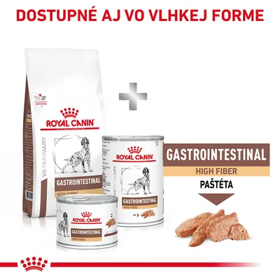Royal Canin Gastrointestinal High Fiber suché a vlhké krmivo pre psov, paštéta. Text: Dostupné aj vo vlhkej forme, GASTROINTESTINAL HIGH FIBER PAŠTÉTA.