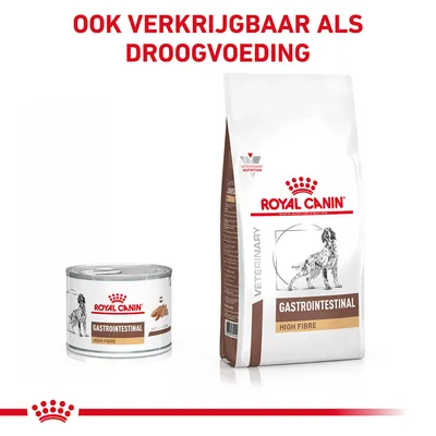 Royal Canin Gastrointestinal High Fibre natvoer en droogvoer voor honden, tekst: Ook verkrijgbaar als droogvoeding. Beide verpakkingen tonen een hond en het merklogo.