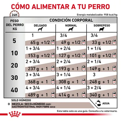 Tabla de alimentación para perros según peso (5–40 kg) y condición corporal: delgado, normal o sobrepeso. Incluye cantidades diarias en gramos y latas. Indica añadir agua y consultar al veterinario.