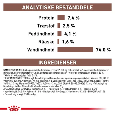 Analytiske bestanddele: Protein 7,4 %, Træstof 2,5 %, Fedtindhold 4,1 %, Råaske 1,6 %, Vandindhold 74,0 %. Ingredienser: kød og animalske biprodukter, korn, fisk, vegetabilske biprodukter m.m.