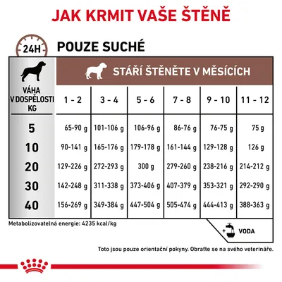 Tabulka krmných dávek pro štěně podle hmotnosti v dospělosti (5–40 kg) a věku v měsících (1–12), pouze suché krmivo. Metabolizovatelná energie: 4235 kcal/kg. Přidat vodu.