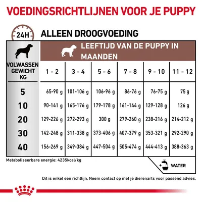 Voedingsrichtlijnen puppy: dagelijks aanbevolen hoeveelheid droogvoer per leeftijd (1–12 maanden) en volwassen gewicht (5–40 kg), metabole energie 4235 kcal/kg. Water altijd beschikbaar.