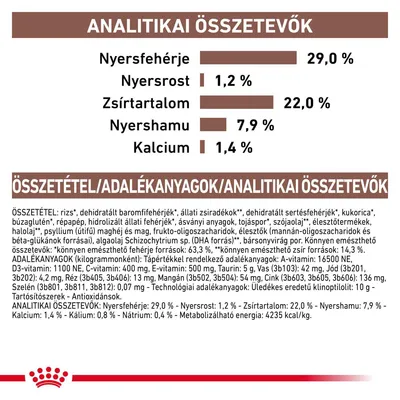 Analitikai összetevők: nyersfehérje 29 %, nyersrost 1,2 %, zsírtartalom 22 %, nyershamu 7,9 %, kalcium 1,4 %. Összetevők és adalékanyagok részletes felsorolása látható.