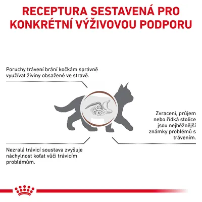Receptura sestavená pro konkrétní výživovou podporu. Poruchy trávení brání kočkám využívat živiny, zvracení a průjem jsou známky problémů, nezralá soustava zvyšuje náchylnost koťat.