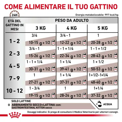 Etetési útmutató kölyökmacskáknak: adagolási táblázat életkor (hónap) és felnőttkori testsúly (3, 4, 5 kg) szerint. Az értékek grammban és konzerv egységben olvashatók. Olasz nyelvű.