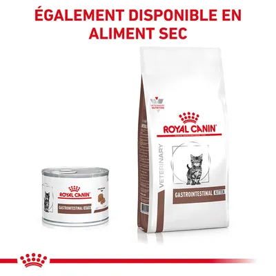 Royal Canin Gastrointestinal Kitten, aliment humide en boîte et aliment sec en sac. Texte visible : ÉGALEMENT DISPONIBLE EN ALIMENT SEC.