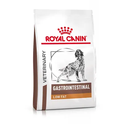 Royal Canin Veterinary Gastrointestinal Low Fat hundfoder, vit påse med bild av en hund och texten 'GASTROINTESTINAL LOW FAT' samt 'VETERINARY' längs sidan.