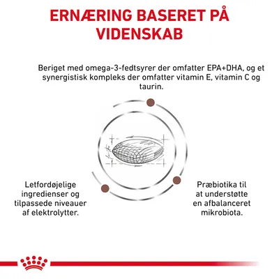 ERNÆRING BASERET PÅ VIDENSKAB. Beriget med omega-3-fedtsyrer EPA+DHA, vitamin E, C og taurin. Letfordøjelige ingredienser, elektrolytter, præbiotika til afbalanceret mikrobiota.