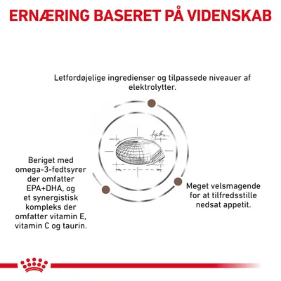 ERNÆRING BASERET PÅ VIDENSKAB. Letfordøjelige ingredienser, tilpassede elektrolytter, beriget med omega-3-fedtsyrer EPA+DHA, vitamin E, C og taurin. Meget velsmagende ved nedsat appetit.