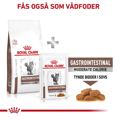 Royal Canin Gastrointestinal Moderate Calorie kattefoder, tør- og vådfoder. Tekst: Fås også som vådfoder, tynde bidder i sovs.