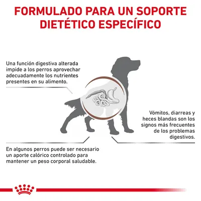 Formulado para un soporte dietético específico. Una función digestiva alterada impide aprovechar nutrientes. Vómitos, diarreas y heces blandas son signos frecuentes. Aporte calórico controlado puede ser necesario.